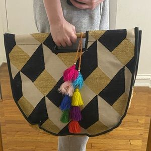 Langdon Large Black and Gold Clamshell Tote Bag with Bamboo Handles.